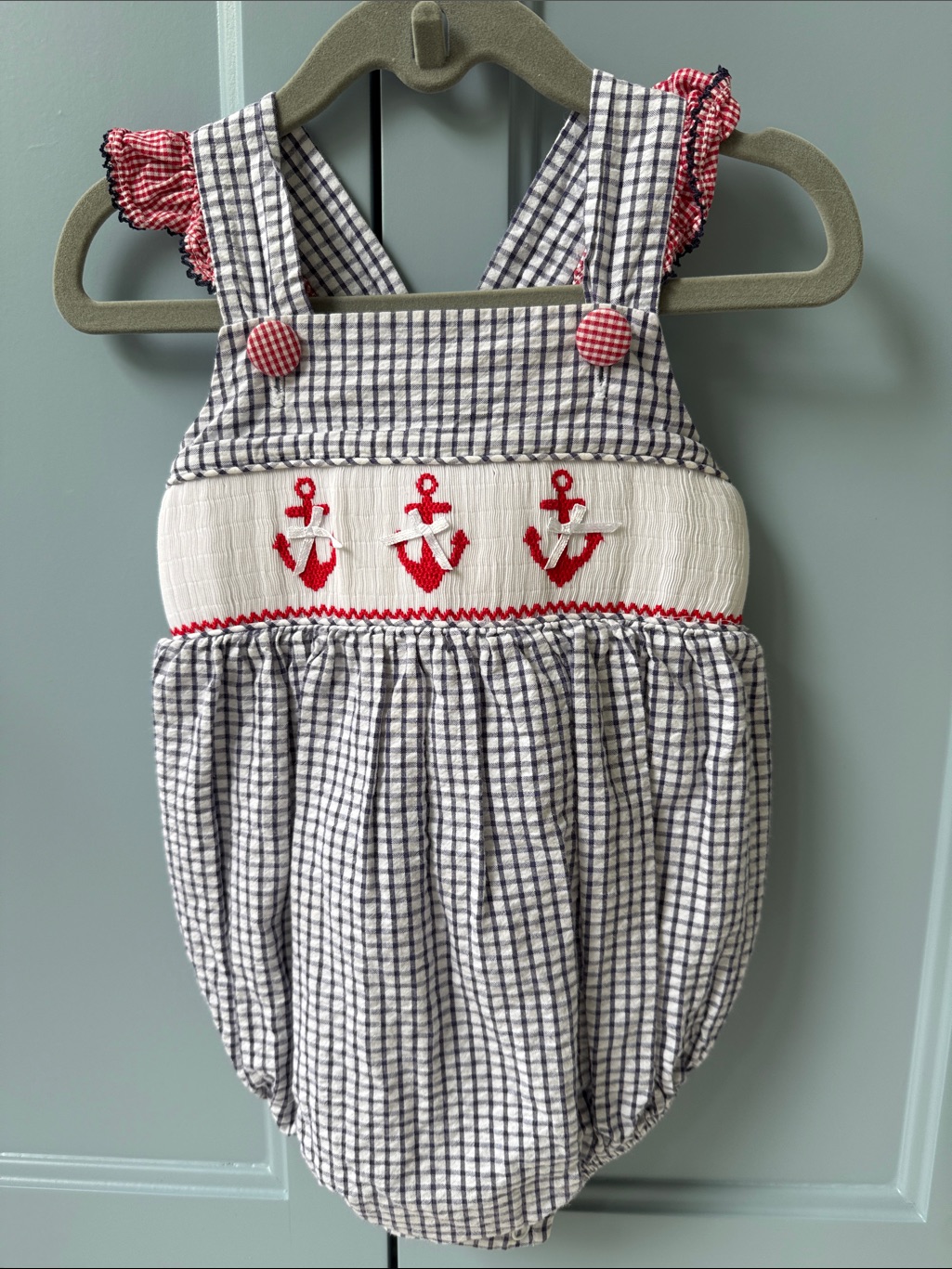 Nautical Anchor Smocked Baby Bubble In Red, White & Navy